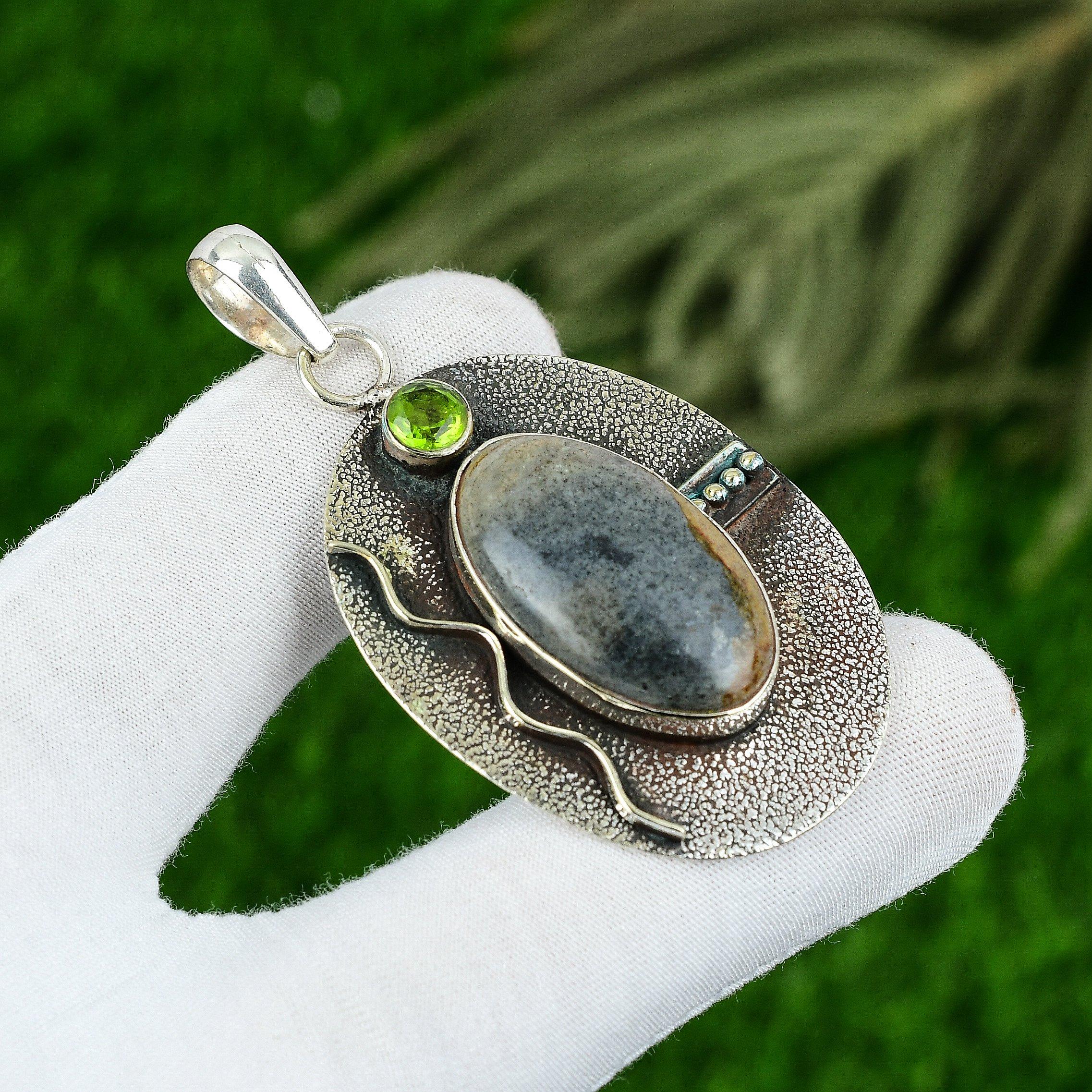

Oval Natural Polychrome Jasper Peridot Boho Pendant Jewelry 925 Sterling Silver