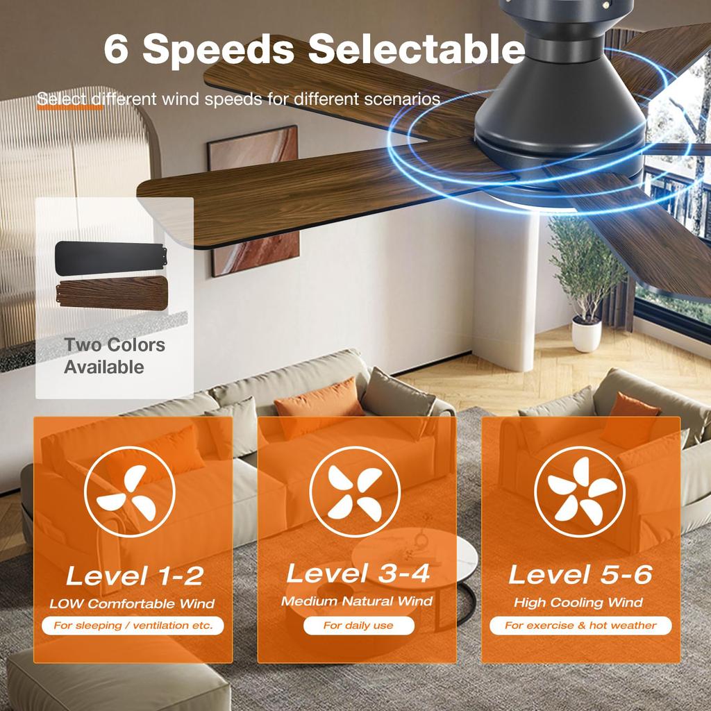 Ventilator Modern cu Lampă de Tavan 52" 5 Pale Ventilator de Tavan Silențios Corp de Iluminat LED 6 Viteze Ventilator DC Reversibil Negru/Lemn Montare Directă pe Tavan