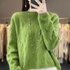 2023 Women's Long Sleeve Wool Knit Pullover - Loose Fit, Round Neck, Solid Color, Autumn/Winter Jacquard Style
