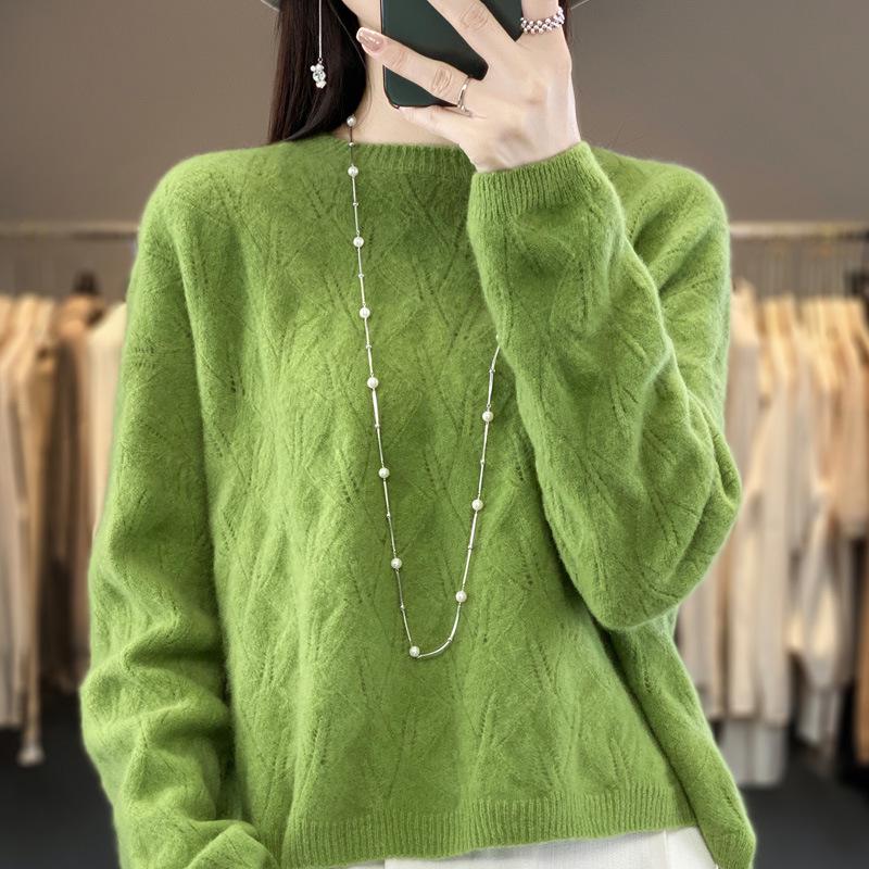 2023 Women's Long Sleeve Wool Knit Pullover - Loose Fit, Round Neck, Solid Color, Autumn/Winter Jacquard Style