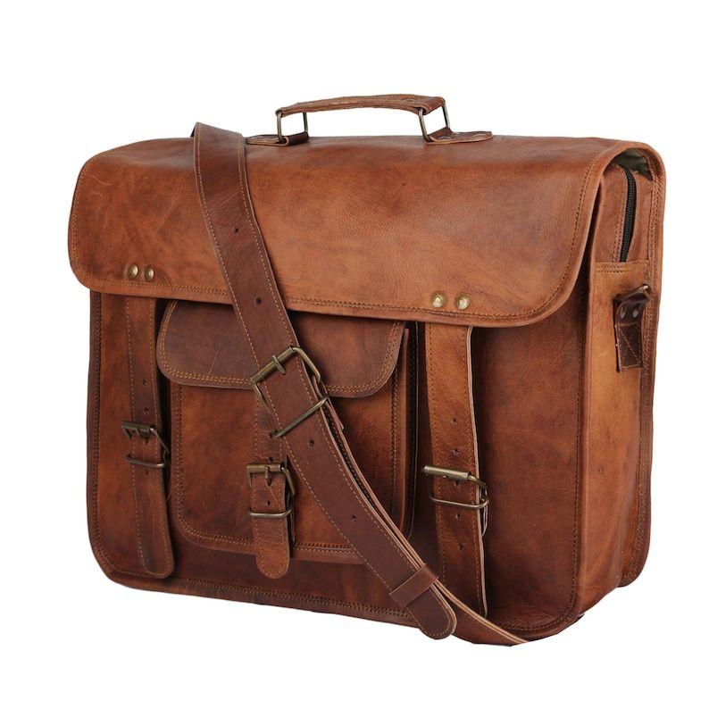 Leather Travel Messenger Office Crossbody Bag Laptop Briefcase College Satchel Computer Best Bag for Men and women Brownd