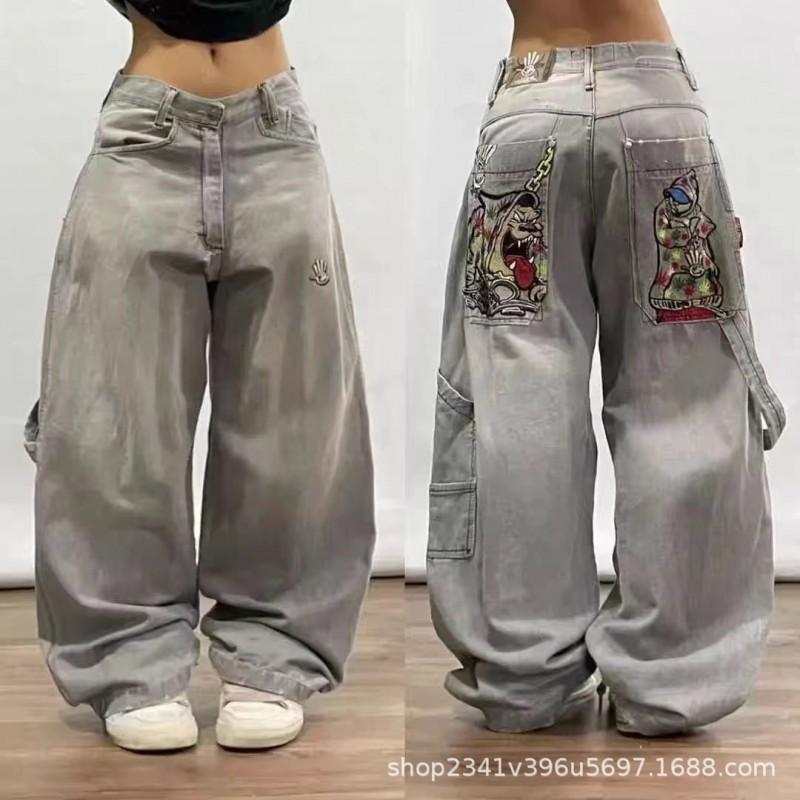 Mens Y2K Hip Hop Wide Leg Straight Fit Denim Jeans - Washed Cotton Loose Streetwear Style