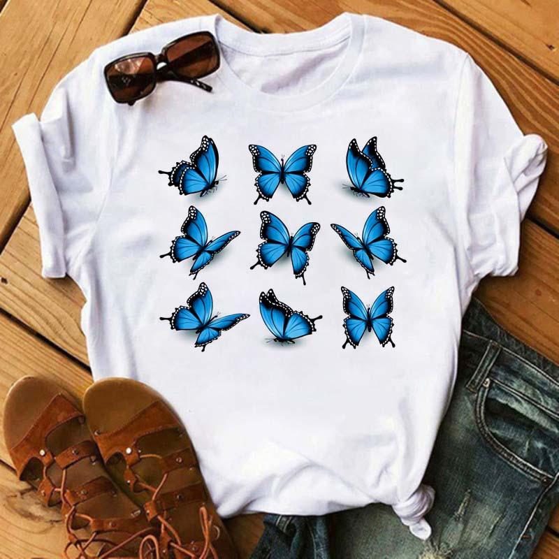 Summer Butterfly Print Plus Size Loose Round Neck Pure Cotton Short Sleeved Top T-Shirts Women’s Tees