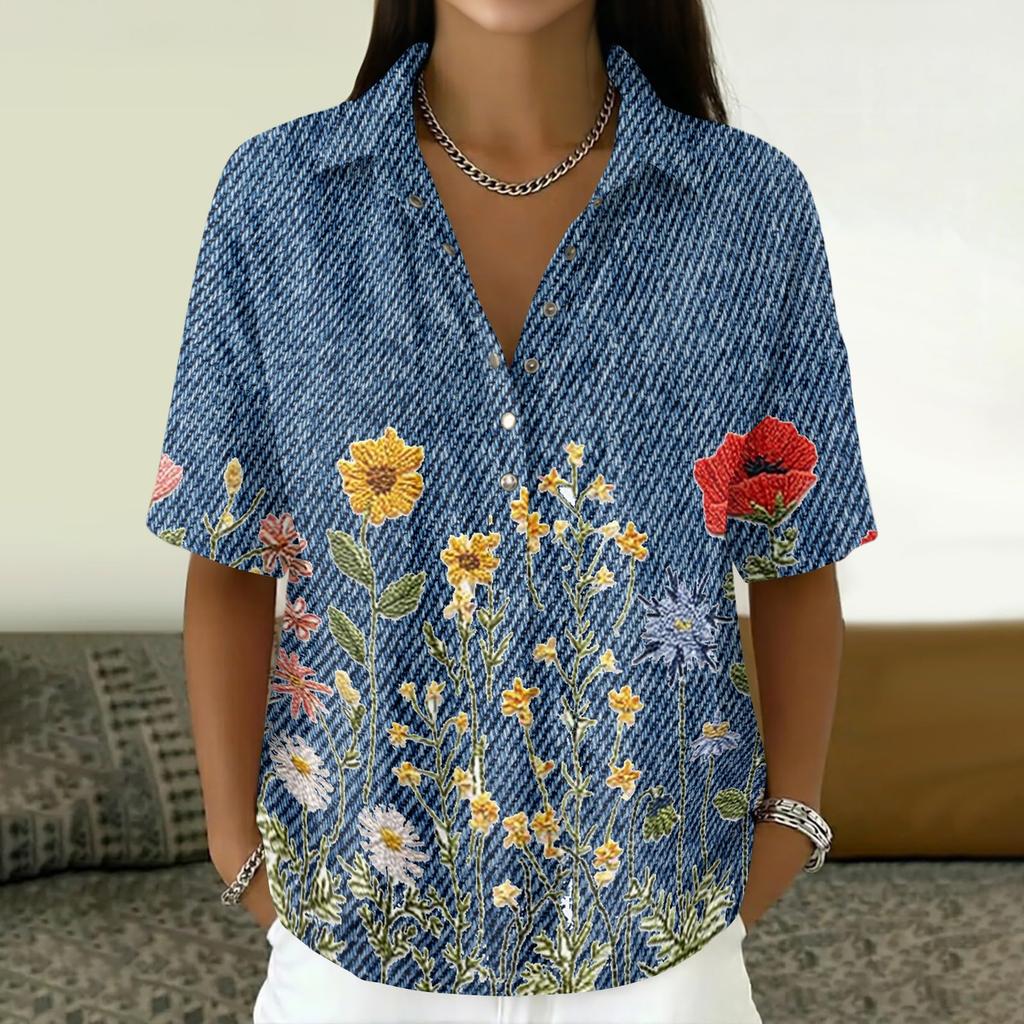 Women Vintage Floral Print Short Sleeve Shirt Loose Fit Button Down Collar Top Casual Linen Cotton Blend Blouse