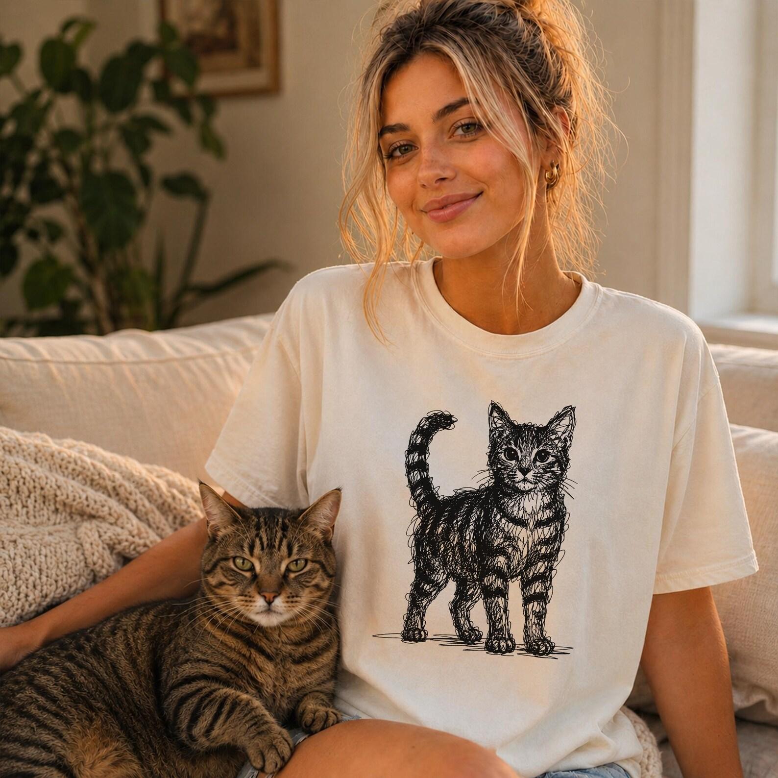 Tabby Cat Line Art Shirt, Minimalist Scribble Feline Sketch Tee, Abstract Cat Lover Gift M