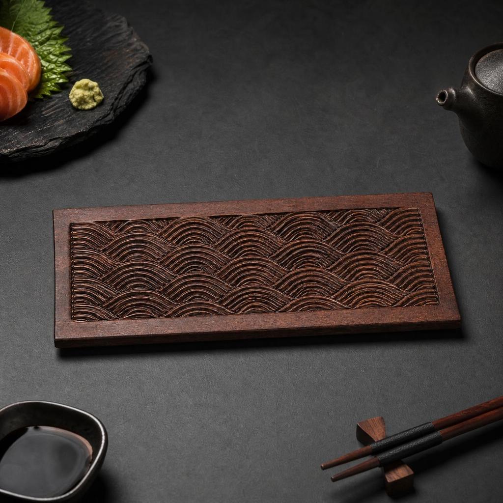 African Cedar Wood Serving Tray Rounded Edges Carved Wave-Pattern Textured