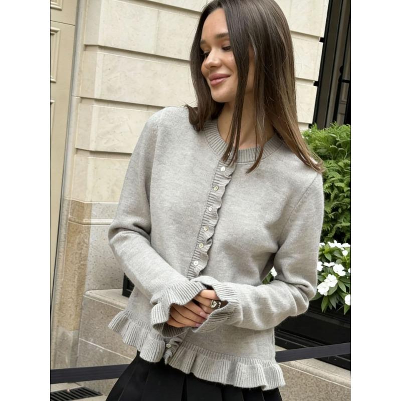 Women S Long Sleeve Ruffled Knit Cardigan Solid Color Casual Sweater