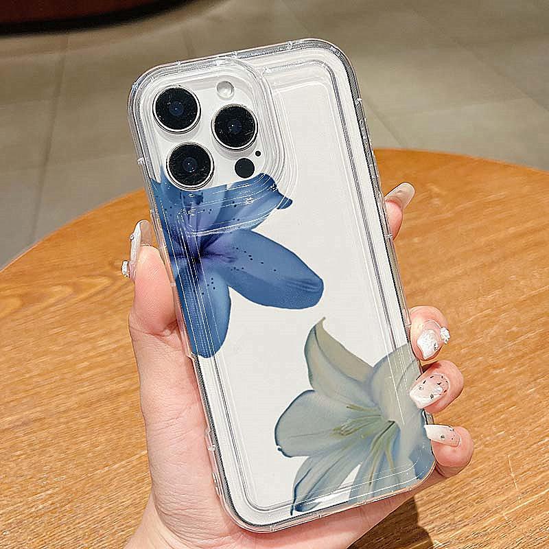 Elegant Blue Lily Pattern TPU Phone Case For 16 14 17 Pro Max 13 12 11 Pro Max 14 15 Plus XS XR X 16E 7 8 Plus Back Cover