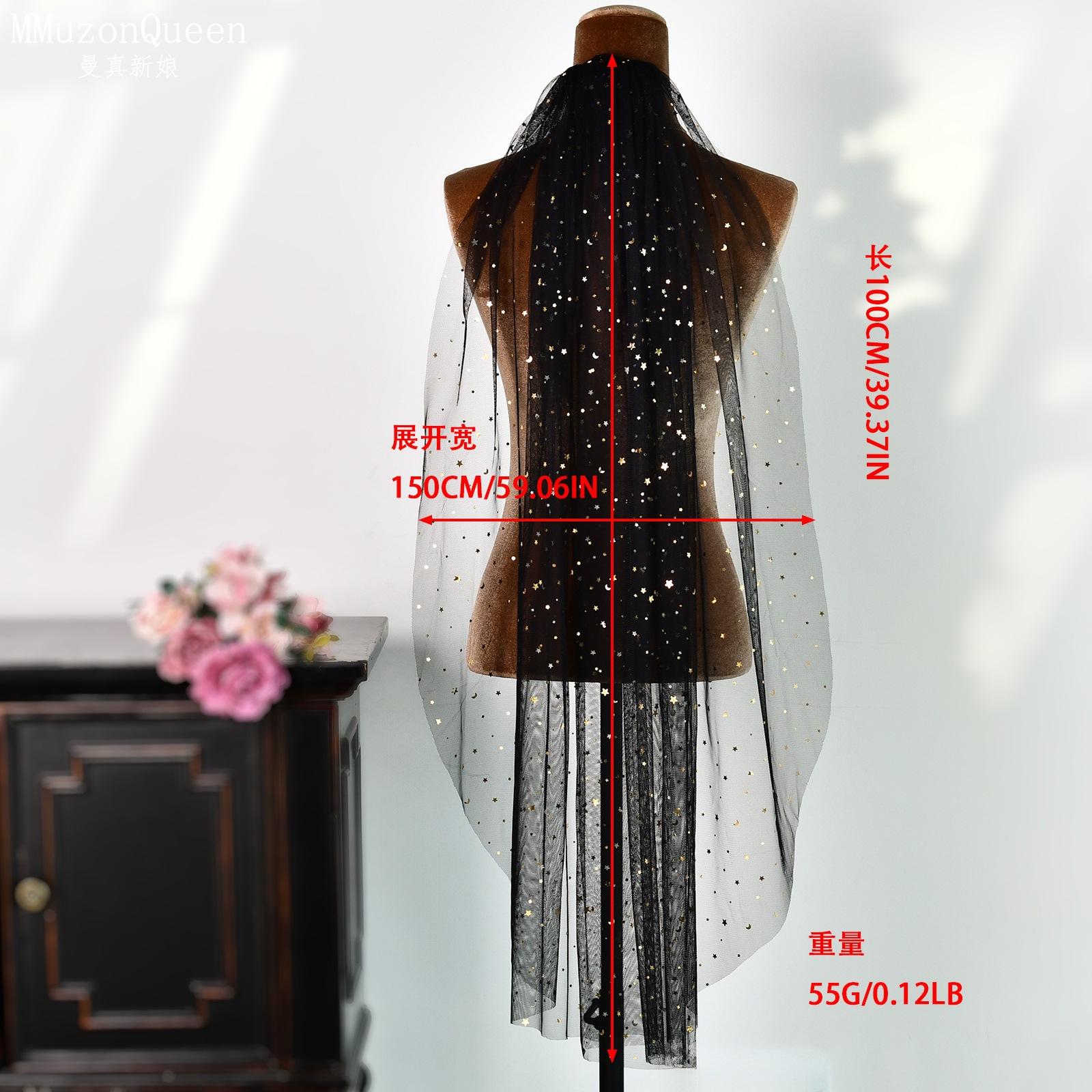 Black Star Moon Glitter Tulle Bridal Veil Single Tier Short Wedding Veil With Metal Hair Comb Gothic Dark Bride Evening Party Photoshoot Veil L чёрный