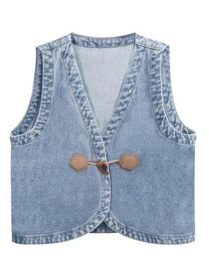 2024 Summer French Retro Women's Denim Vest with Horn Buttons – Loose Fit, Perfect for Layering