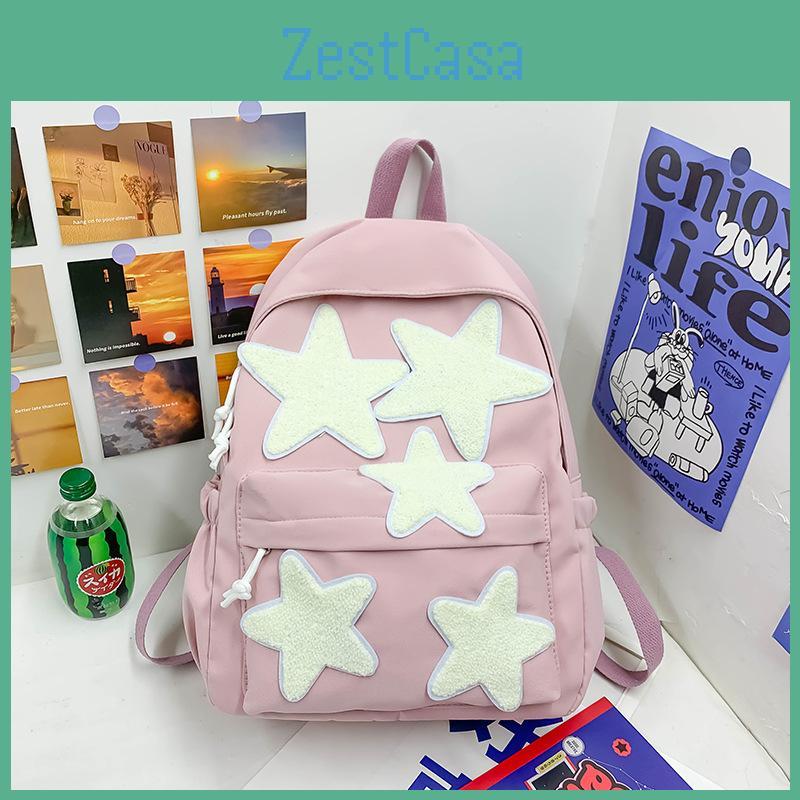 Color Large Solid Capacity Backpack With Star Decoration For Commute Daily