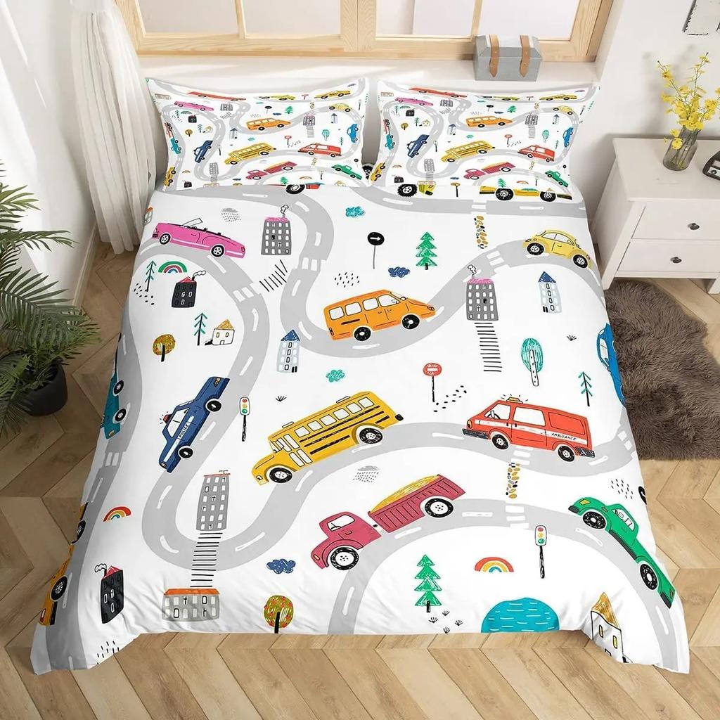 Kids Cartoon Car Duvet Cover Set City Building Street Road Bedding Set Microfiber Vehicle Truck Comforter Cover Twin Queen Size