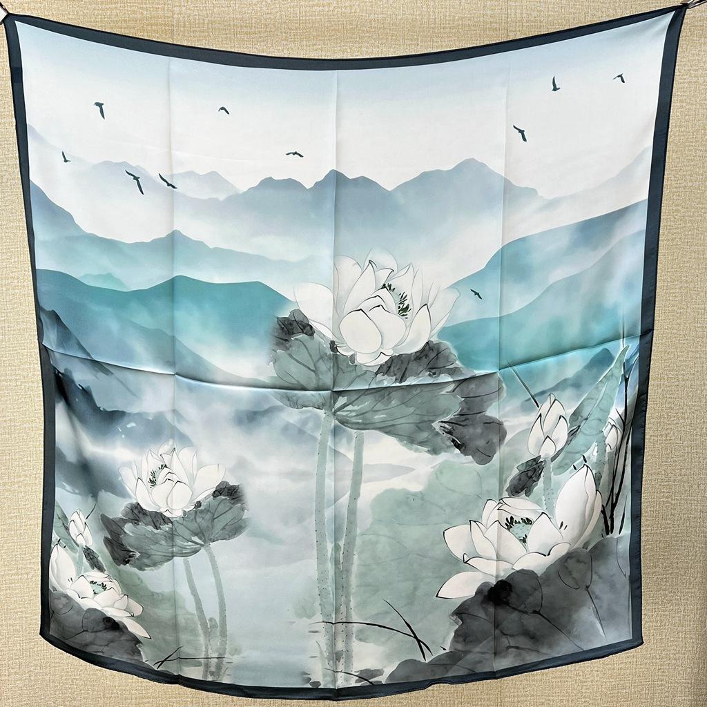 Guochao Chinese Landscape Painting Lotus Flower Versatile 100 Mulberry Silk Square Scarf Thin Shawl Women'S Silk Scarf Silk Scarf