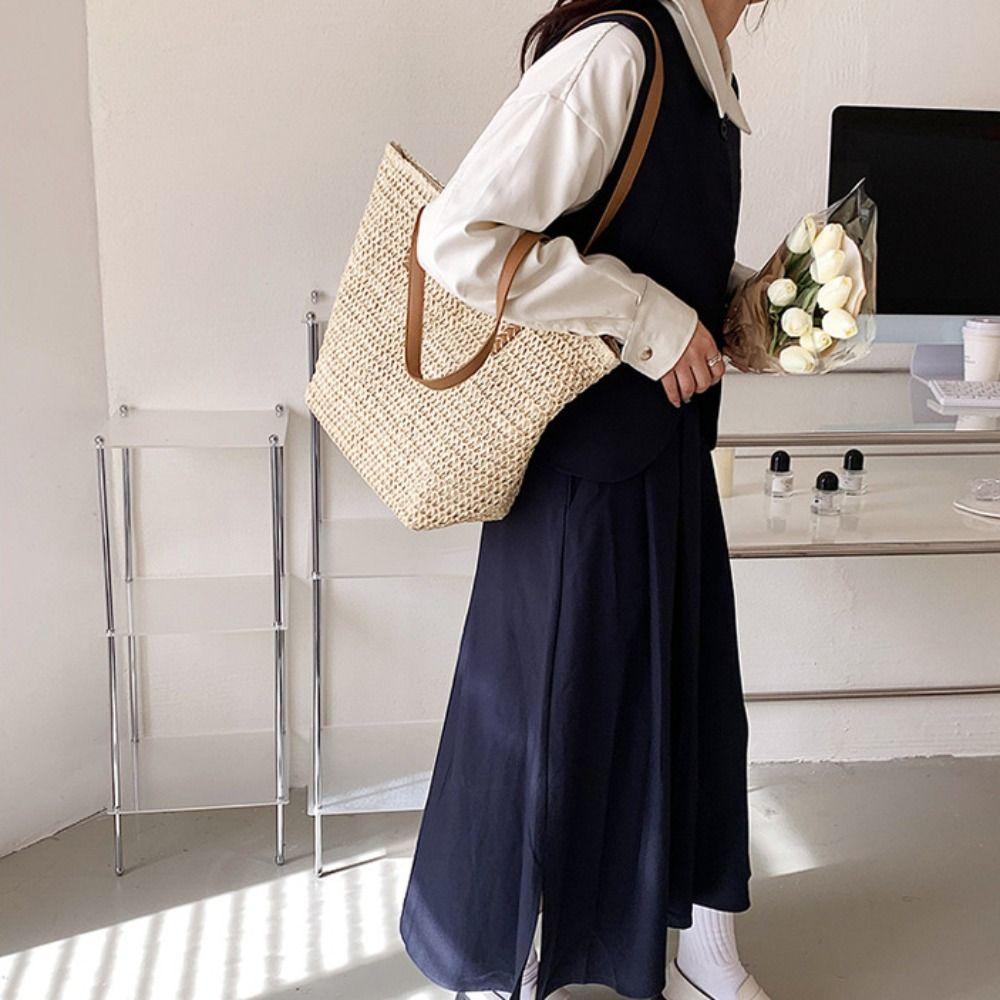 Bohemian Style Zipper Beach Bag Solid Color Hollow Tote Bag Trendy Weave Straw Bag  Spring