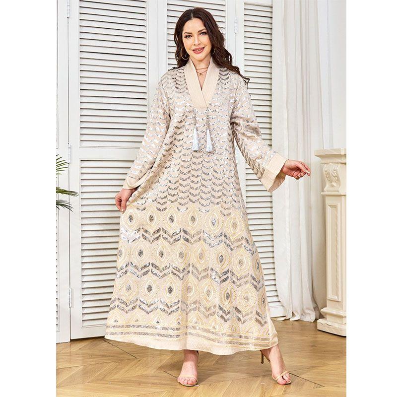 Middle East Robe Women's Long Dress New Sequin Full Embroidered Neckline Tassel Decoration Formal Dress Dubai Dress Dresses