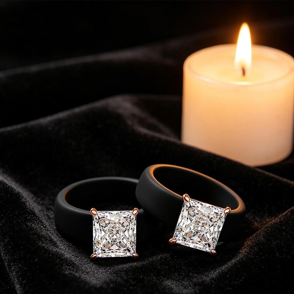 Princess Cut CZ Diamond Black Silicone Ring Set, 18K Rose Gold Plated Prong, Non-Toxic Wide Rubber Stackable Ring, Minimalist Ae