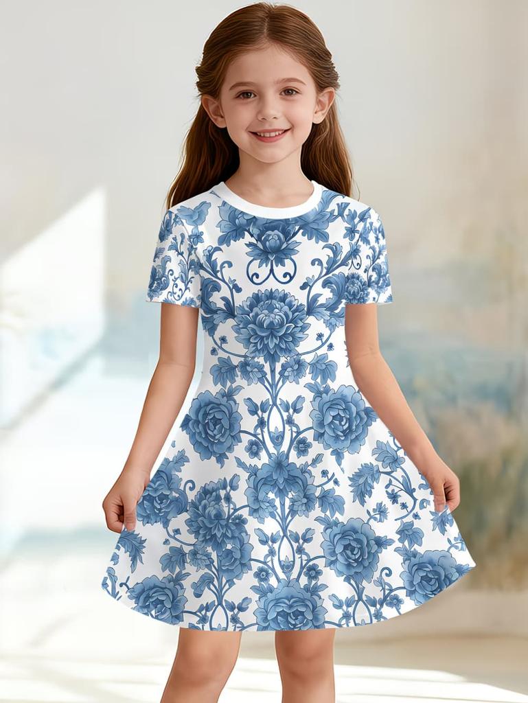Mädchenkleider Bunt Floral Grafik Print Kurzarmkleid Sommerurlaub Süßes Mädchen Prinzessinnenkleid Mode Freizeitkleidung