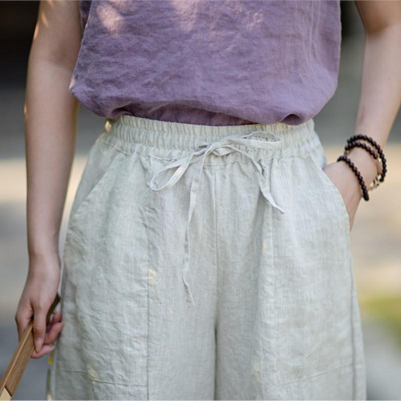 Johnature Women Vintage Pants Summer Chinese Style Solid Color Elastic Waist Trousers Loose Pockets Wide Leg Pants