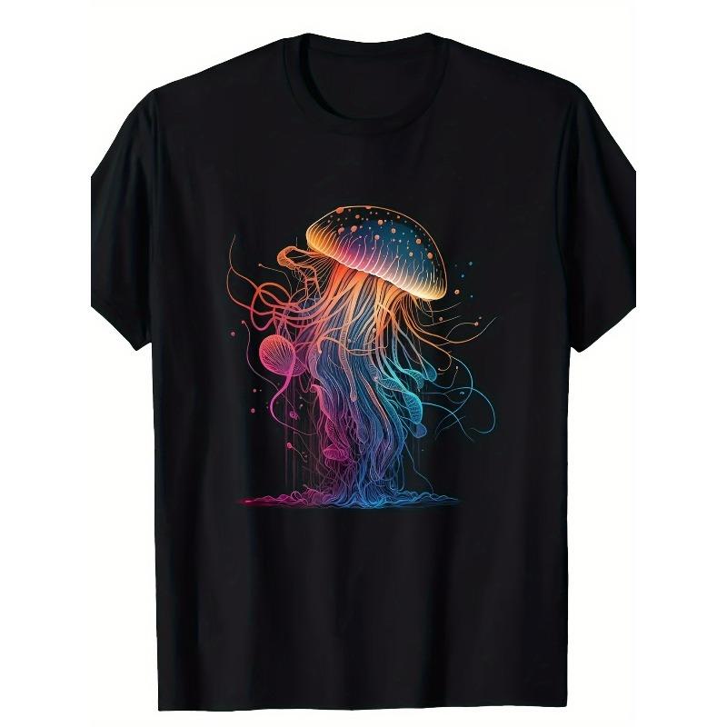 

Європейські розміри Чоловіча яскрава футболка з принтом медузи та морським пейзажем, з коротким рукавом, з круглим вирізом, можна прати в машині 4XL чорний