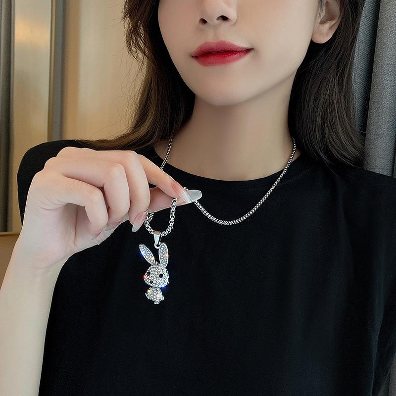 Cute Elf Bunny Pendant Necklace Zircon Design Stainless Steel Clavicle Chain Necklaces Jewelry Gif
