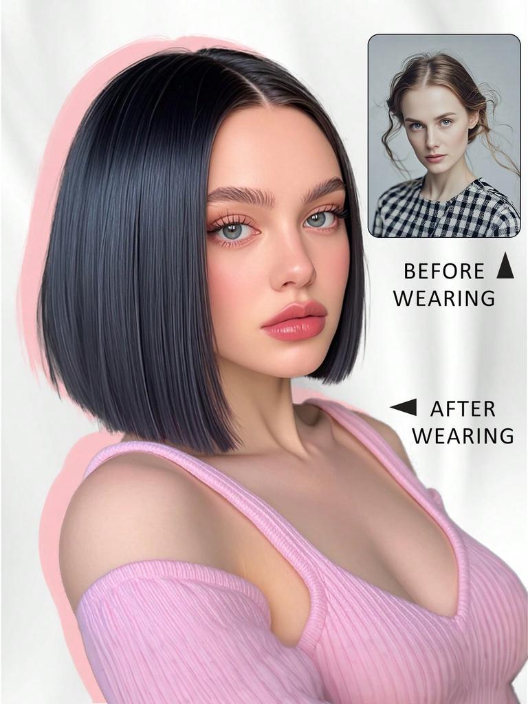 Short Bob Wig Synthetic Black Straight Bob Wigs 14 Inch Bowl Cut Wig Heat Resistant Fiber Synthetic Shoulder Length Bob Wigs For Women Daily