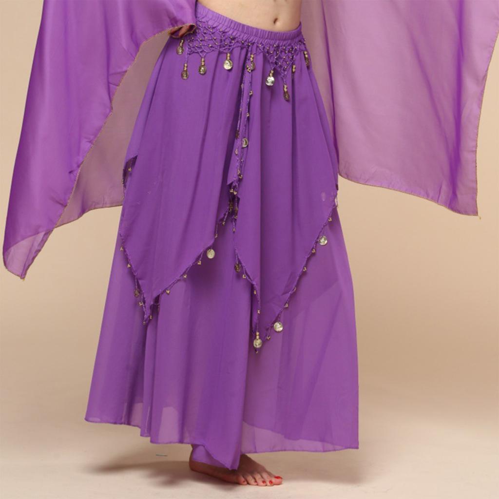 Ladies' Belly Dance Skirt Hanging Coin Skirt Chiffon Big Swing Skirt Performance Dress Shining Stage Performance Dress Shining Half Body Skirt