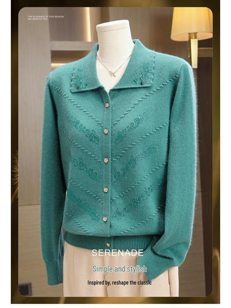 Elderly Women's Pure Wool Knitted Cardigan, Loose Plus Size Outerwear for Spring and Autumn