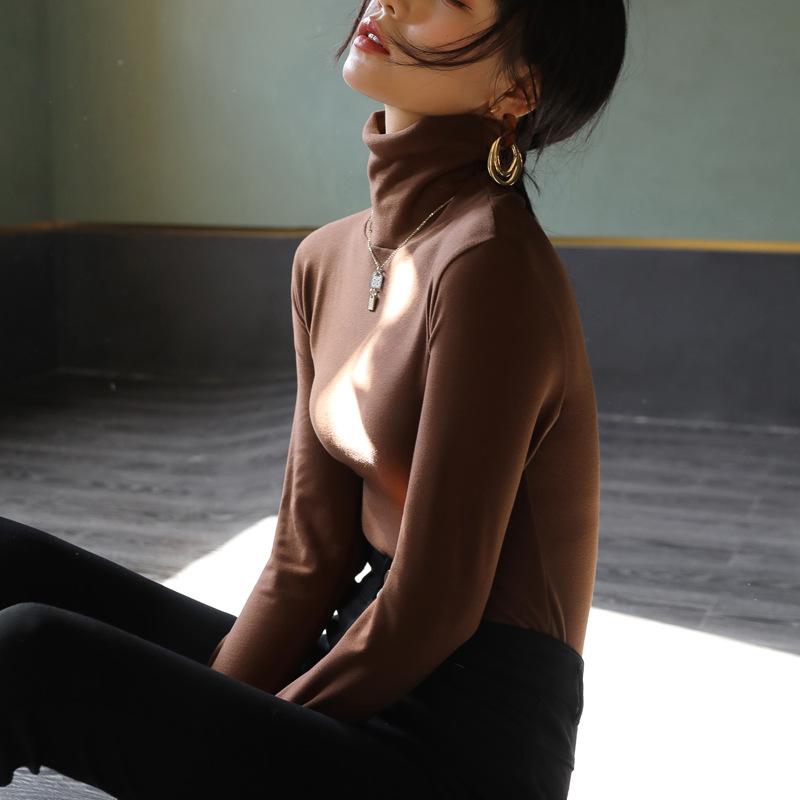 Maglia di base a tinta unita in velluto tedesco a pelo alto con collo alto per donna, autunno e inverno, con velluto spesso, manica lunga, aderente