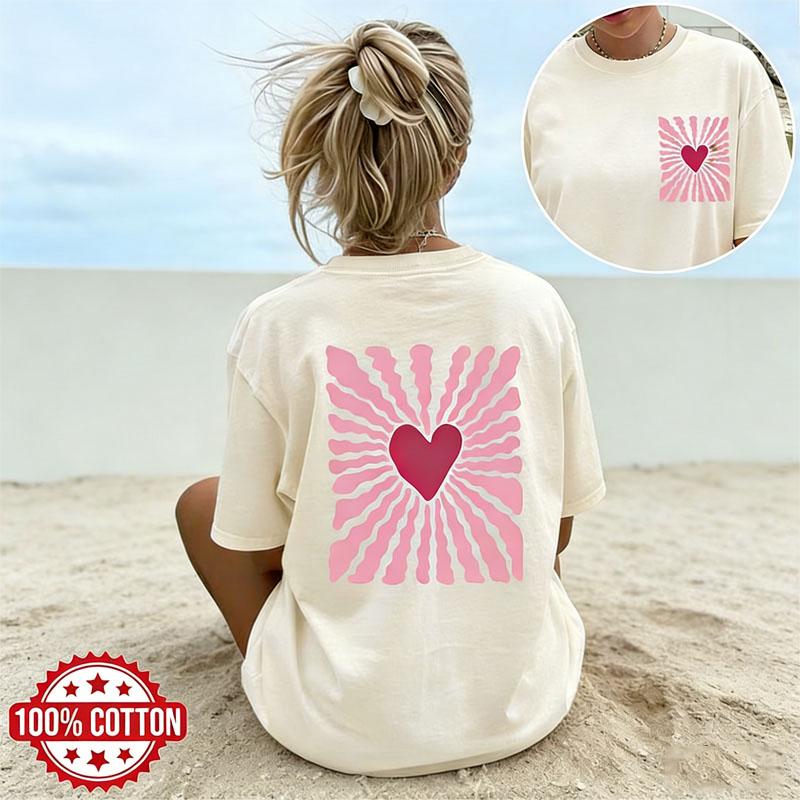 Heart Shaped Pattern Pure Cotton Cartoon Print Mens And Womens Personalized Loose Tshirt Summer New Fashion Trend Tshirt