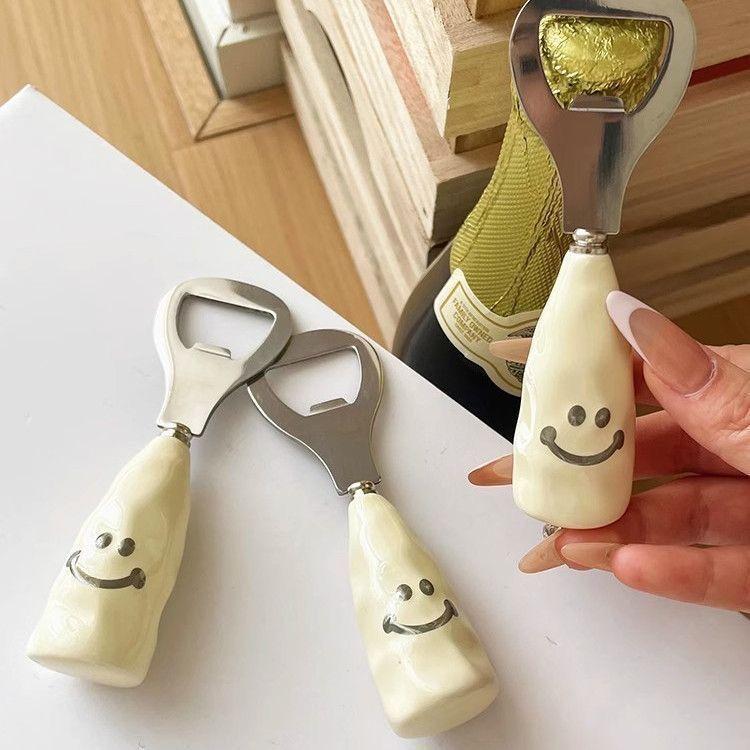 Cute smiling face beer bottle opener ceramic handle can stand up bottle opener creative stainless steel cap opener