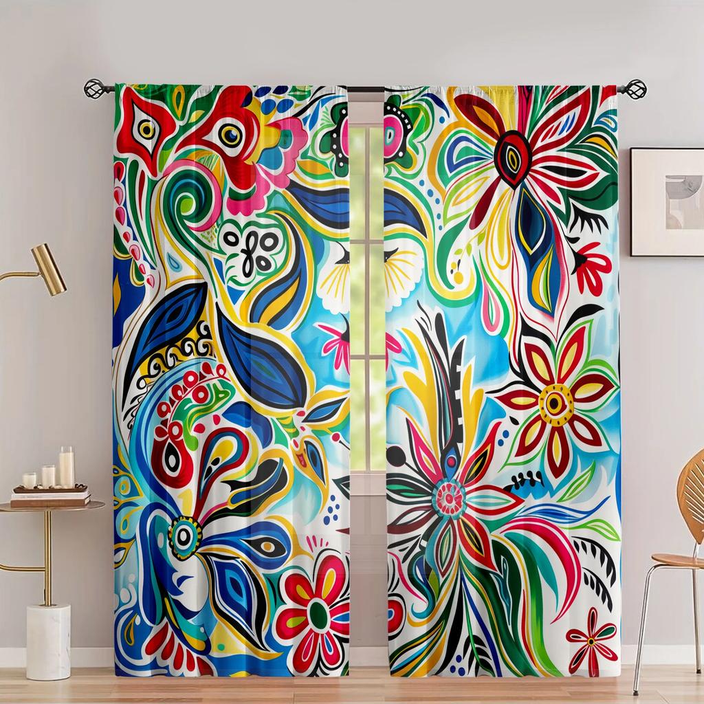 Set Of 2 Colorful Flower Pattern Printed Curtains Bedroom Living Room Home Decoration Curtain Polyester Perfect For Area