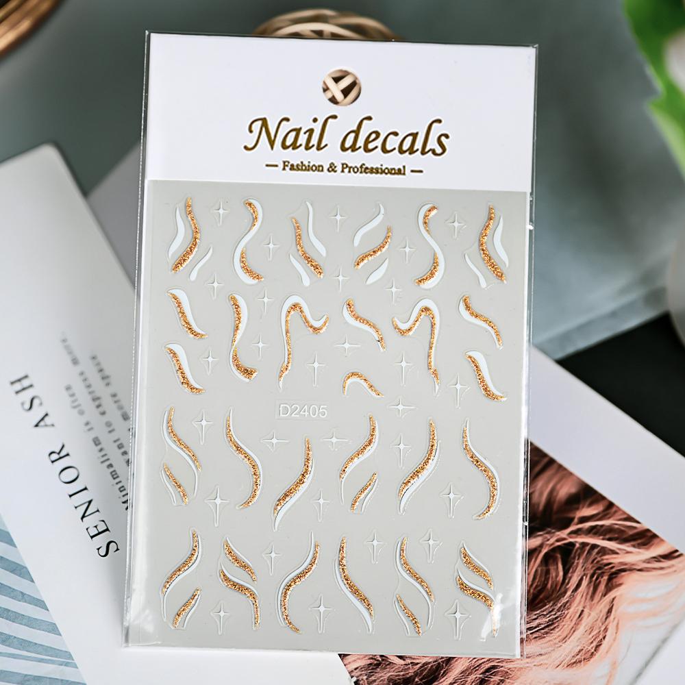 1pcs Gold Glitter French Design Nail Stickers White Silver Curve Lines Stripe Wave Nail Decals Slider Reflective Manicure Wraps