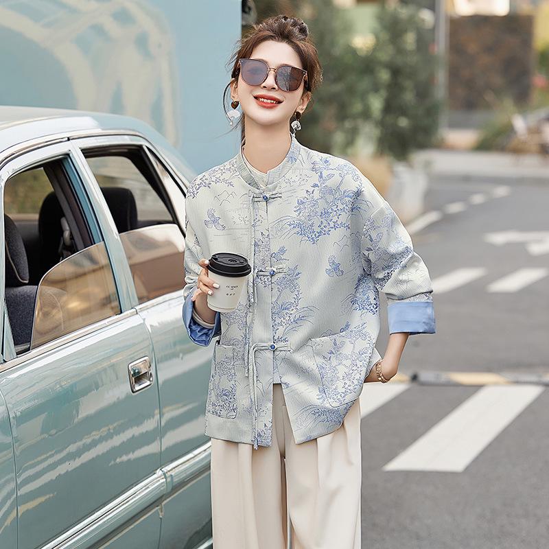 Jachetă elegantă de damă în stil chinezesc: Design High-End, Jacquard Brodat Retro, Guler Înalt cu Nasturi pentru Primăvară și Toamnă