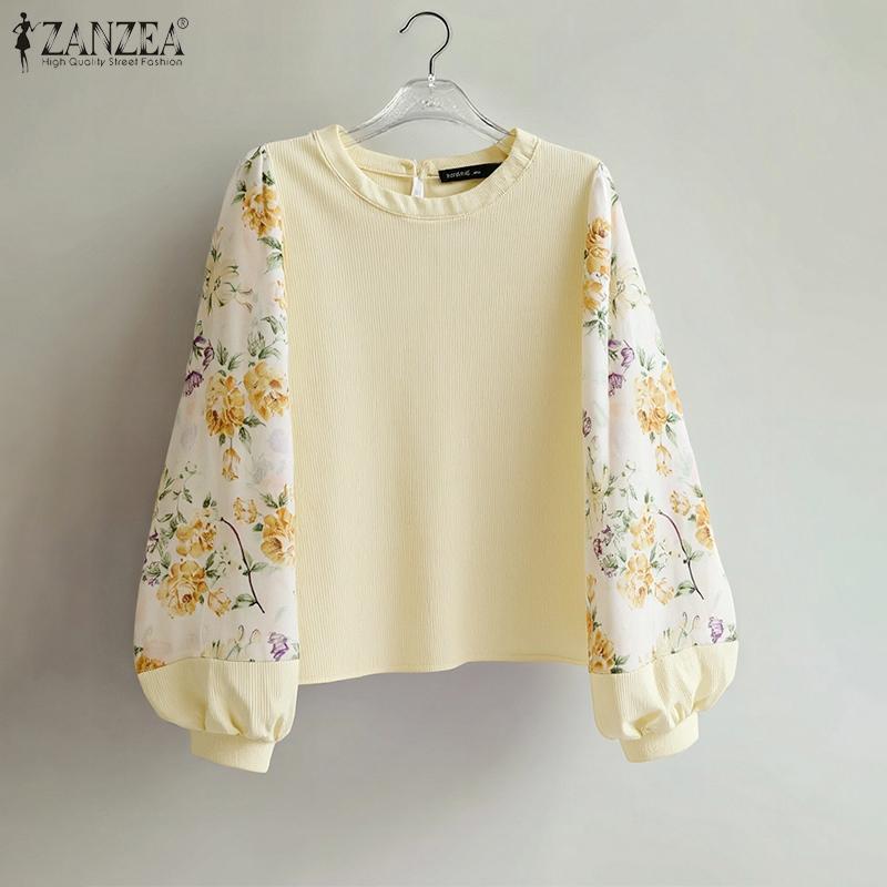 ZANZEA Women Casual Floral Print Splice Long Sleeve Round Neck Loose Blouse