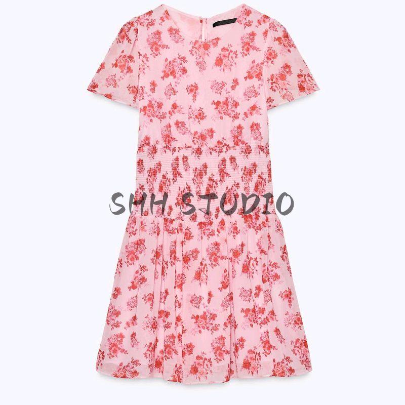 Spring and Summer New Women's Clothing Casual Minimalist Easiest for Match round Neck Flower Print Short Sleeve Short Dress 2784038