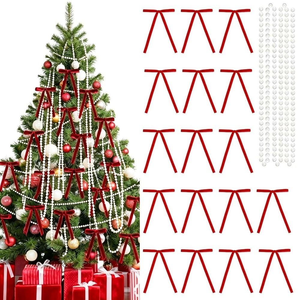 24PCS with Pearl Chain Christmas Tree Bows Velvet Wreath Bows Decoration Xmas Party