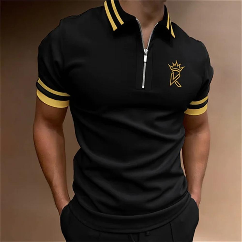 Men's king printed short sleeved polo shirt, high-quality casual zipper T-shirt, summer clothing