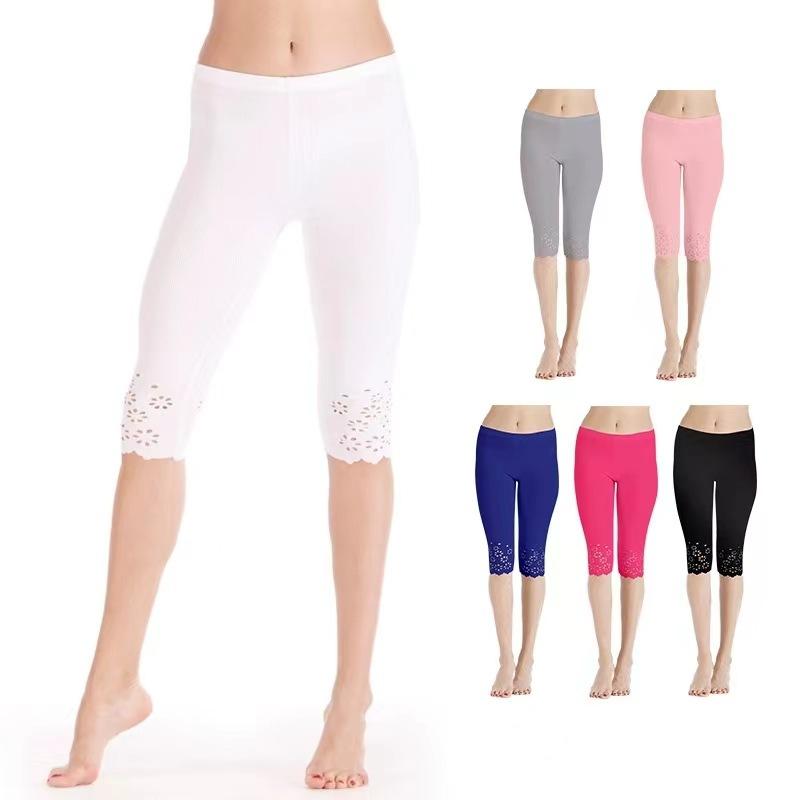 Women's Summer Hollow-Out Embossed 7/10 Length Leggings, Hot Selling Anti-Sheer Safety Base Pants