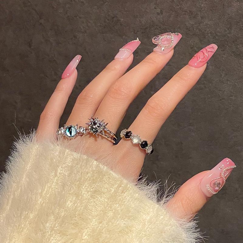 Niche Design Bat Opal High-End Sense Black And White Gemstone Open Ring Women'S Cold Wind French Ring