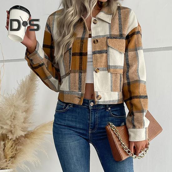 Fall Winter Women Jacket Color Matching Plaid Print Long Sleeve Lapel Single breasted Pockets Thick Cardigan Vintage Lady Coat