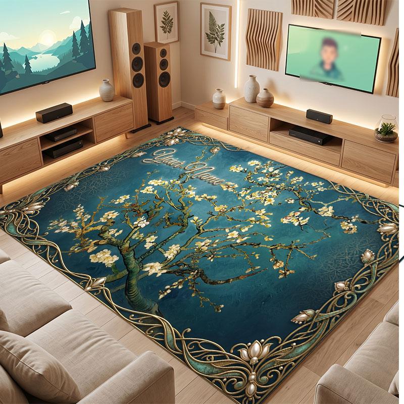 Floral Garden Theme Crystal Velvet Floor Rug Personalized Custom Name Text Warm Carpet Home Decoration