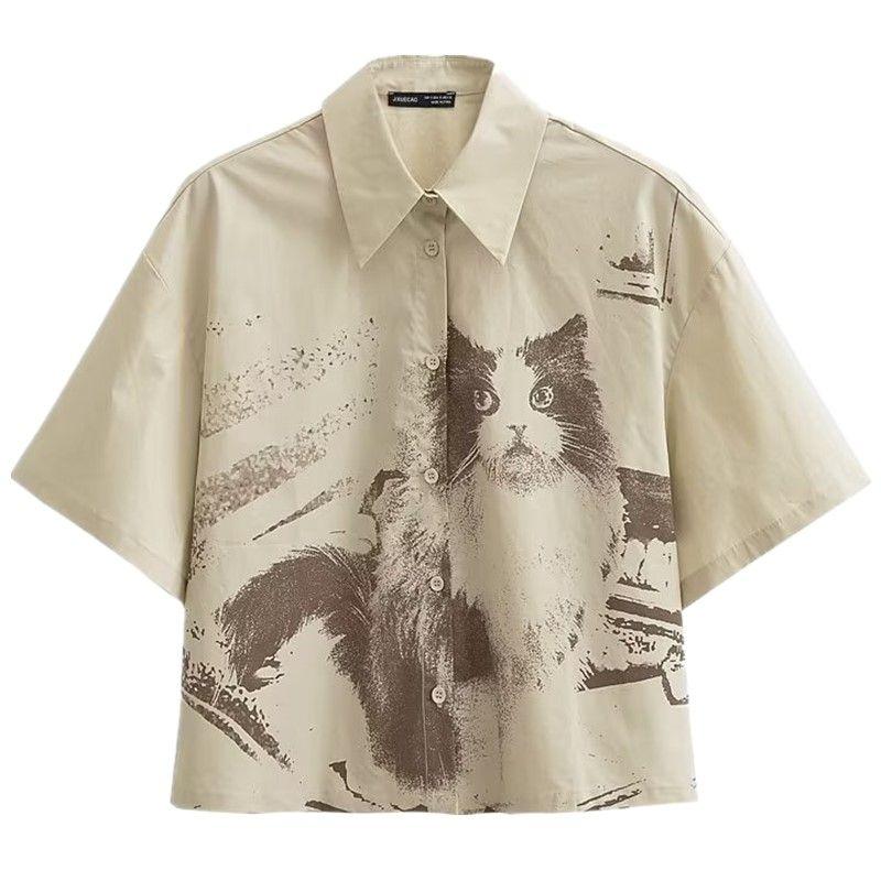 

Niche Style Fun Cat Fashionable Print Cotton Cardigan Shirt Picture color S