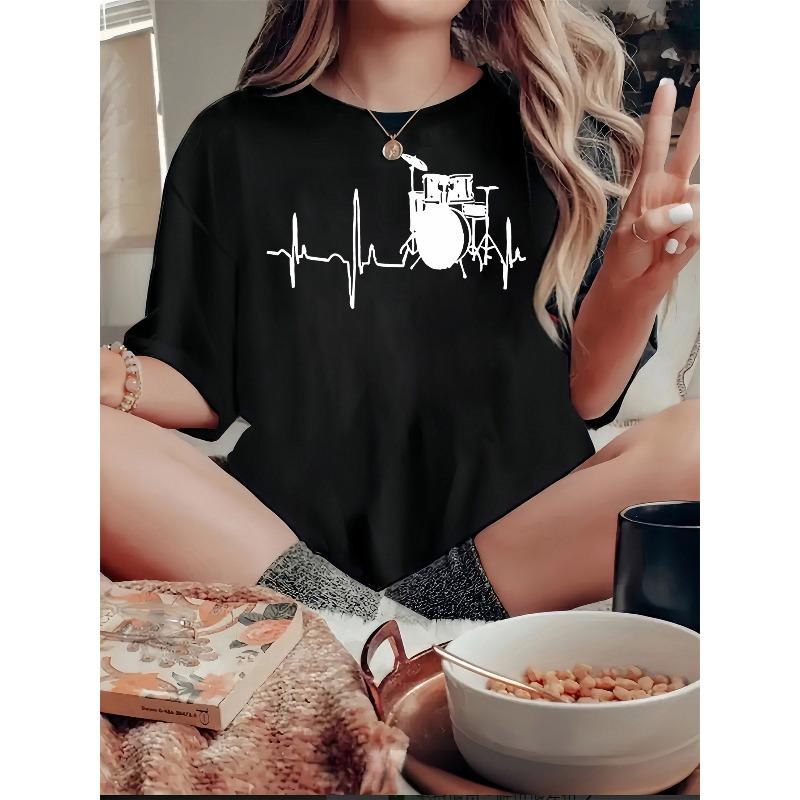 

European Size 1pc Women S Casual Polyester T-Shirt with Geometric Drum Print, Crew Neck, Medium Stretch Knit Fabric, All-Season Fashion Top 4XL чорний