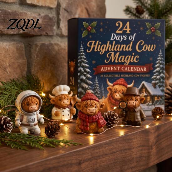 Artículos de Decoración para el Hogar de Temporada 24 Días Calendario de Adviento de Vaca de las Tierras Altas 3D 2026, Lindos Ganado de Granja Regalos Únicos de Navidad para Amigos Calendario de Cuenta Atrás,