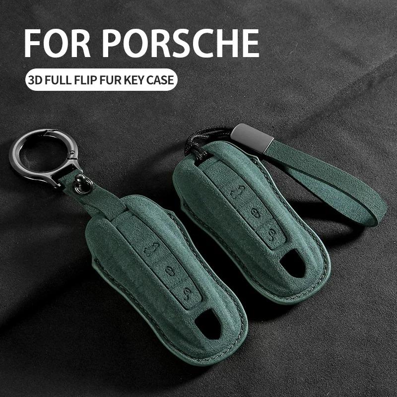 Suede Car Key Case Cover Shell for Porsche 958 Macan 911 Panamera 996 991 Boxster 987 997 2019 2020 Holder Keychain Accessories