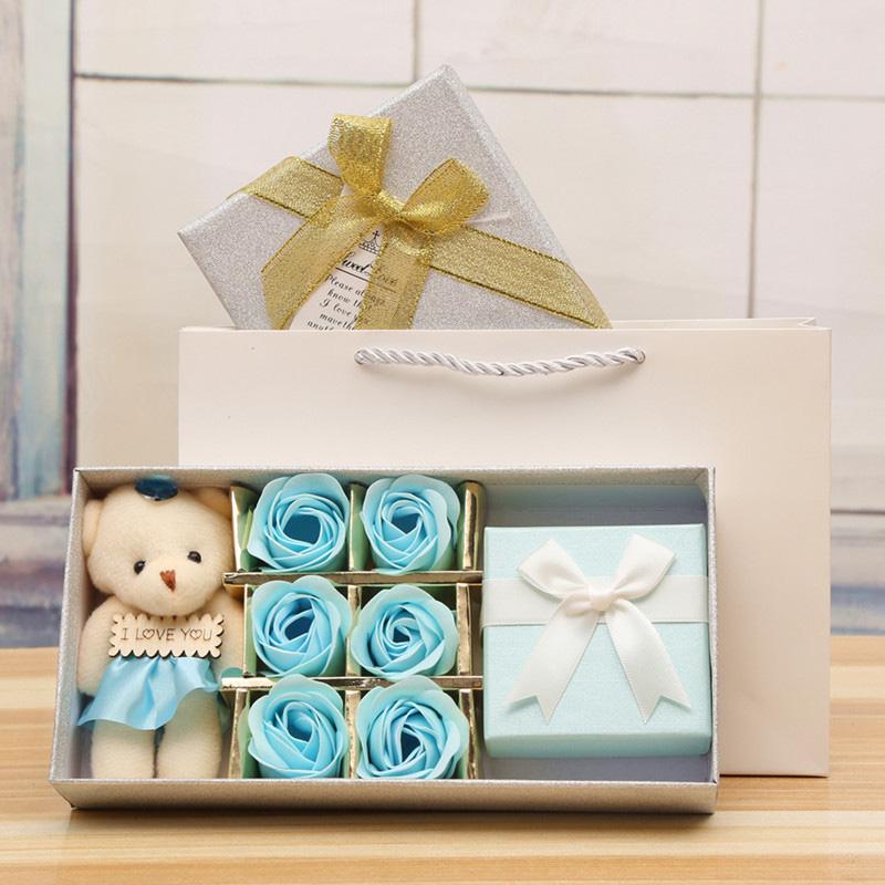 6pcs Romantic Rose Bear with Gift Box Soap Flower Heads Artificial Flowers Bathing Petals Box For Valentine's Day Wedding Gift