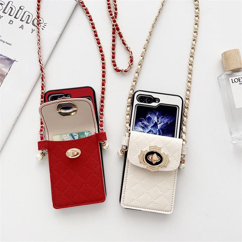 For Samsung Zflip5 Lock Flower Wallet Phone Case P50pocket Crossbody Rope Chain Folding Flip