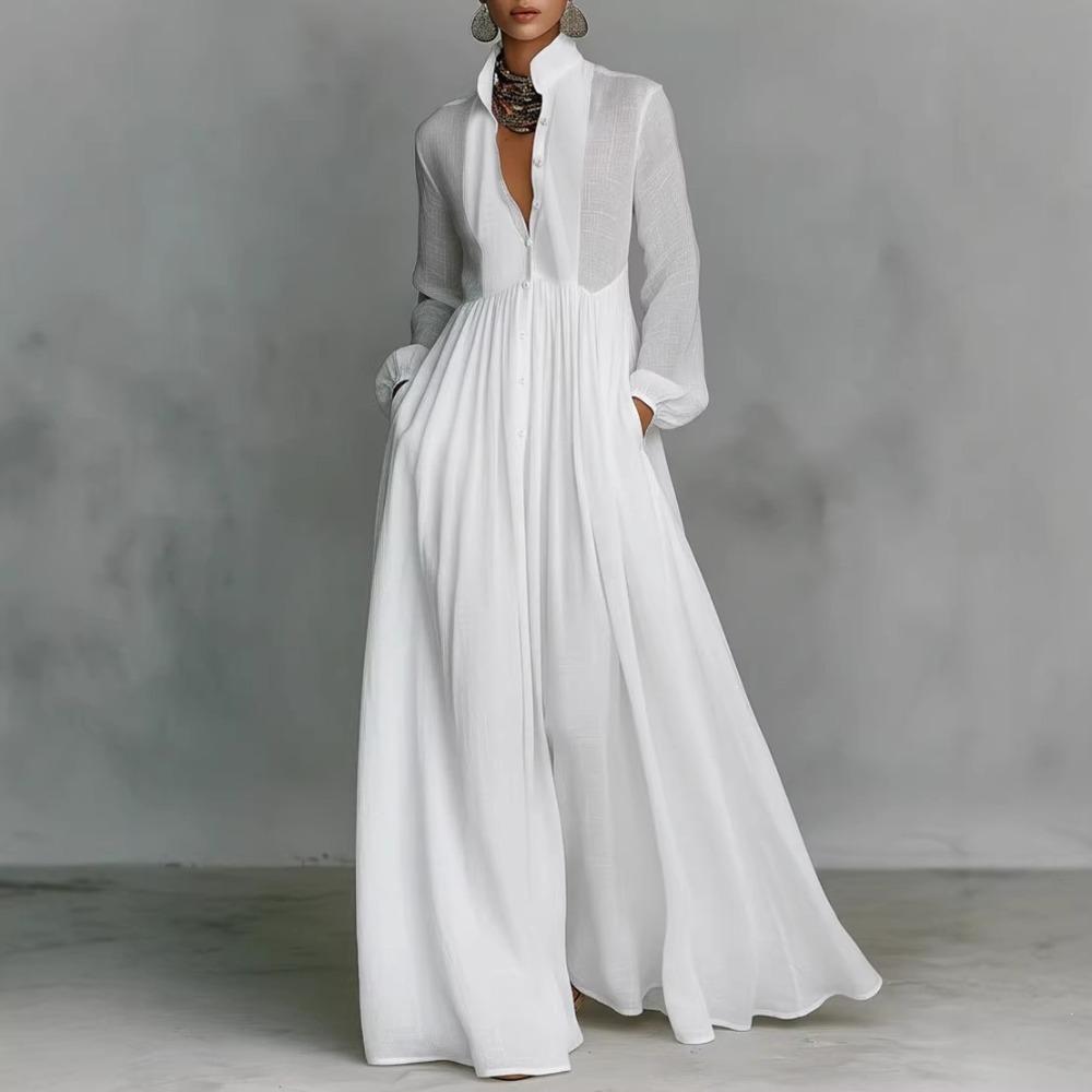Women's Stand Collar Long Sleeve Solid Color High Waist Pleated A-Line Maxi Dress With Pockets