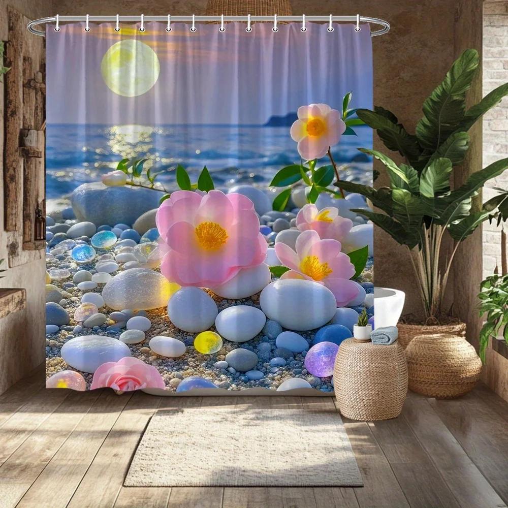 Flower Beach Shower Curtain: Pink Camellias, Pebbles Ocean Design, Fade-Resistant, Polyester, 12 Hooks, Bathtub/Bathroom Decor