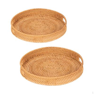 2x Round Rattan Serving Tray Portable Decorative Stylish Coffee Table Decor for Fruit Home
